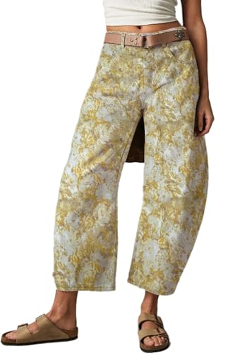 CHARTOU Womens Wide Leg Cropped Jeans Pants Baggy High Rise Denim Pants Y2k Floral Barrel Jeans