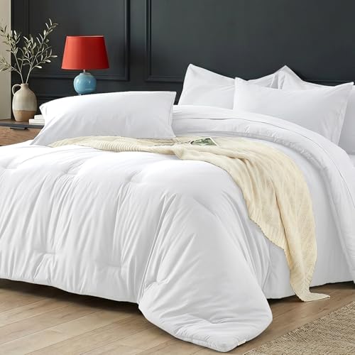 Easthome King Size Comforter Set 7 Pieces - White Soft Bed in a Bag King Bed Set Cozy Luxury Bedding Sets with All Season Comforter Flat Sheet Fitted Sheet 2 Pillowcases & 2 Shams