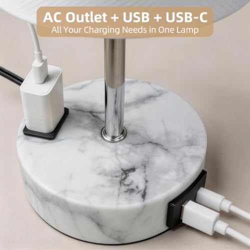 Image of Table Lamp, Dimmable Touch, AC Outlet, USB A+C (White&Marble) | 3-Way Dimmable, Small Touch Lamp with Eye-Care LED Bulb, Ideal Bright Lighting Bedside Lamps for Nightstand, Bedroom, Reading
