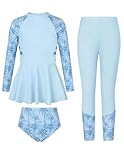 GRACE KARIN Mädchen 3-Teiliger Badeanzug Set Kinder Langarm Rash Guard Bademode Blau Kokosnuss 14 Jahre