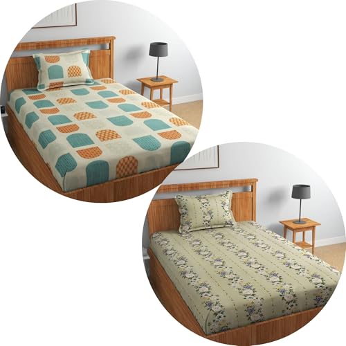 Image of Glace Cotton 220 tc Flat Single Bedsheets Combo Pack of 2 Bed Sheet for Breathable | Wrinklefree Super Soft (Size-60 X 90 Inch) with 2 Pillow Covers (Size-17 X 27 Inches) - Cream&Beige