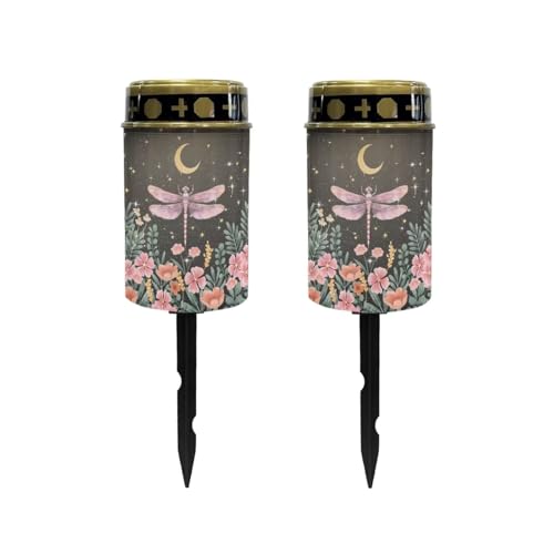 Image of Poceacles Solar Lights Outdoor Cemetery Grave Decor - Solar Memorial Lights - Pink Dragonfly Flower Moon, Pack of 2