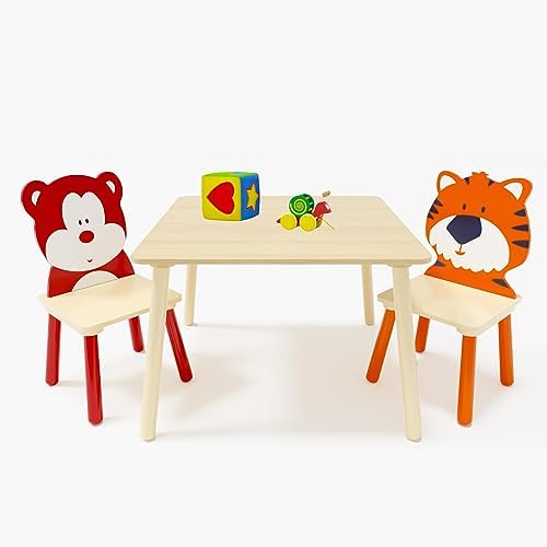 Zacis Kids Table and Chair Set, Wooden Toddler Table Set with 2 Chairs, Children Adorably Animal Activity Table for Reading, Drawing, Eating, Studying, Parent-Child Interaction Activity Play