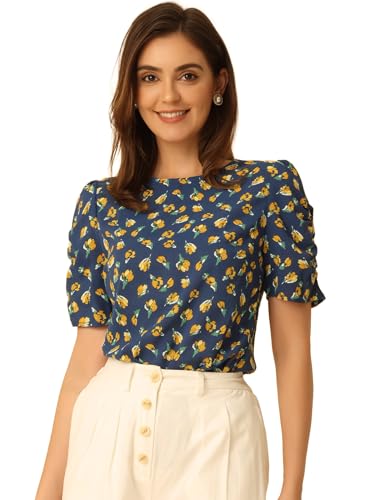 Allegra K Damen Kurzarm Business Shirt Rundhals Floral Blumen Casual Oberteil Bluse
