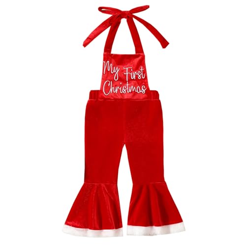 BULINGNA Baby Girl Christmas Outfit My First Christmas Suspender Jumpsuit Velvet Overalls Bell Bottom Pants Fall Clothes (Red, 0-3 Months)