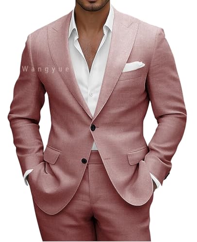 Wangyue Men Linen Suits 2 Piece Linen Suit for Beach Wedding Summer Suits Slim Fit Casual Groomsmen Linen Suits Sets