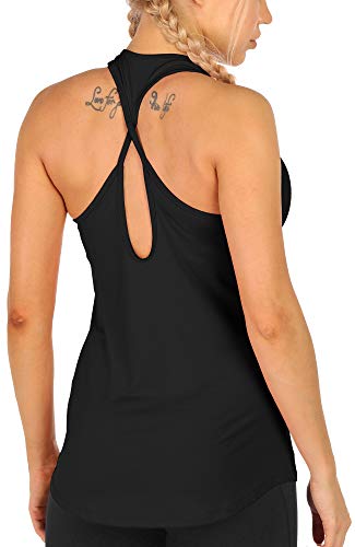 icyzone Workout Tank Tops for Women - Open Back Yoga Tops, Athletic Running Tank, Gym Shirts (Black, Medium)