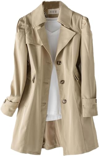 Vagbalena Trench-Coat Long pour Femme Manteau élégant à Boutonnage Simple Manteau Coupe-Vent à Revers Manches Longues Manteau d'automne Moyen Long Travail de Bureau Caban (Kaki,4XL)