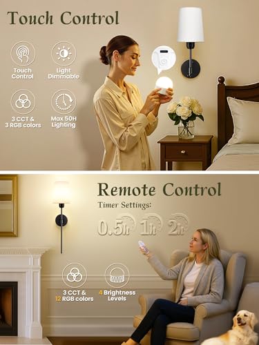 Image of Battery Operated Wall Sconces Set of 2, Black, 15 RGB, 23 Inch | Dimmable, Renter Friendly, Rechargeable Magnetic Bulbs, Remote, Cordless Wall Lights for Living Room, Bedroom, Hallway