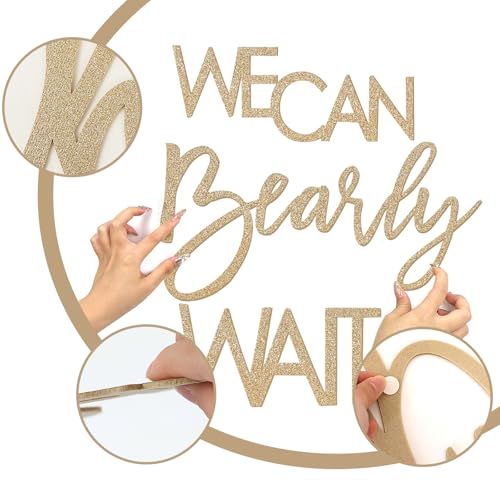 Image of We Can Bearly Wait Sign for Backdrop - Teddy Bear Themed Baby Party Banner Boy Girl Baby Shower Gender Reveal 1st Birthday Felt Letter Wall Decor Photography Background - Glitter Gold