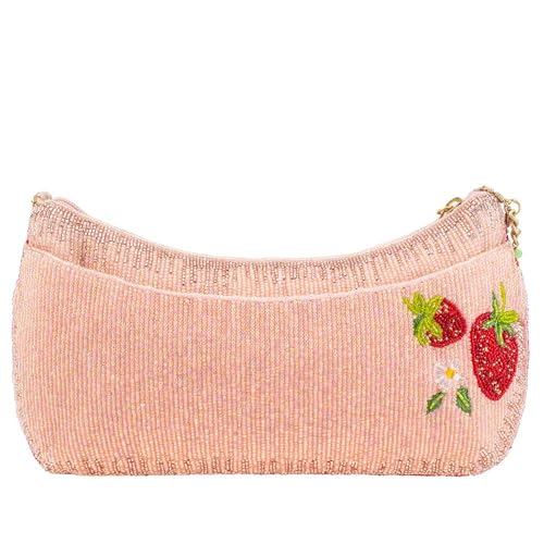 Mary Frances Strawberry Fields Beaded Crossbody Clutch Handbag – Statement Evening Bag with Removable Chain Strap, Pink2