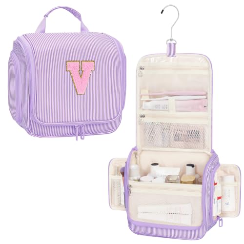 Relavel Hanging Toiletry Bag for Women, Travel Makeup Bag for Girls Kids Gifts Personalized Initial Toiletry Pouch Shower Bag, Travel Essentials Birthday Gifts for Teen Girls, Purple V