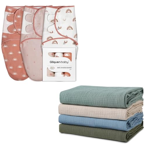 Image of GLLQUEN BABY 4-Pack Muslin Swaddle Blankets and 3-Pack Baby Swaddles - Baby Essential for Newborn, Boy, Girl