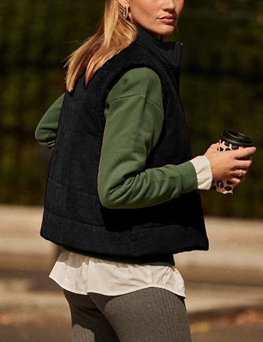 Women's Corduroy Puffer Vest Cropped Stand Collar Zip Up Color Block Vests Warm Gilet Jacket Outerwear with Pocket3