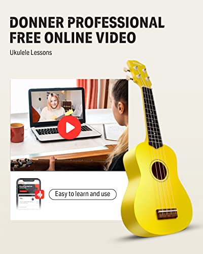 Image of Donner Soprano Ukulele for Beginner 21 Inch Matte Ukulele Beginner Kit with Bag Strap Tuner Strings Picks Cloth, Free Online Lessons, Holiday Christmas & Birthday Gift (Yellow)