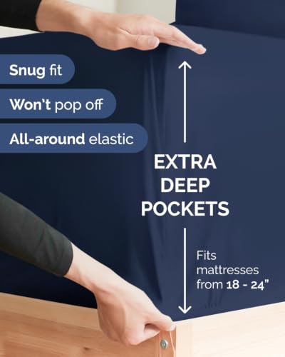 Image of Extra Deep Flex Top Split Head King Fitted Sheet - Hotel Luxury Single Fitted Sheet Only - Easily Fits 18 inch to 24 inch Mattress - Ultra Soft, Wrinkle Free w /Extra Deep Pockets - Navy Blue
