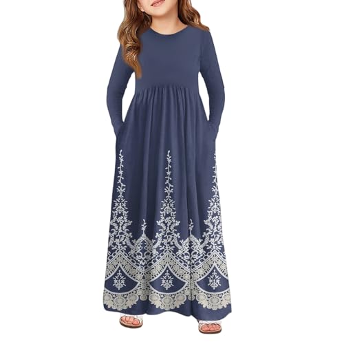 Girls Floral Maxi Dress Long Sleeve Soft Casual Princess Gown Elegant Flower Print Fall Party Outfits with Pockets