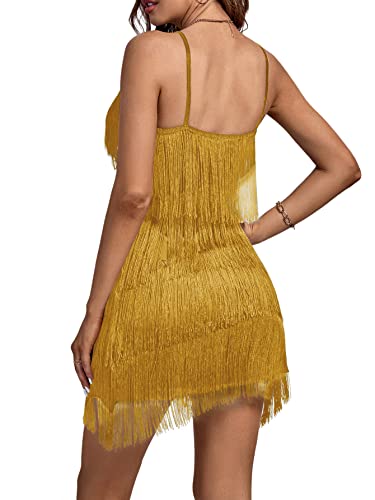 Image of Umenlele Women's Layered Fringe Deep V Neck Cami Mini Dress Sleeveless Tassels Flapper Party Dresses Ginger Small