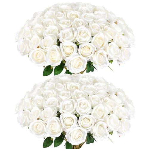 60 Pcs Artificial Roses Bulk Velvet Silk White...