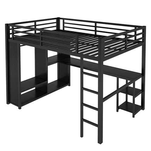 Image of Bellemave Full Size Loft Bed with Desk, Wardrobe, Metal Full Loft Bed Frame for Adults, Kids, Teens, Black
