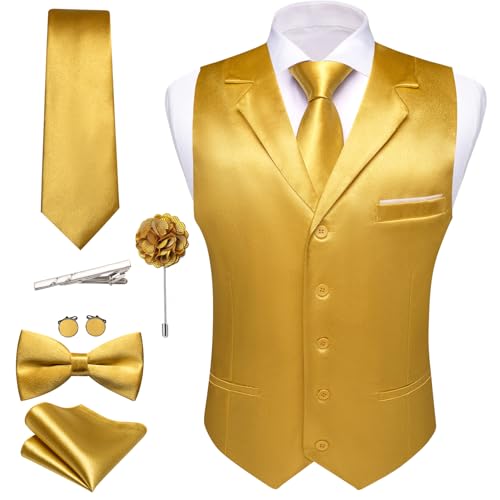 Barry.Wang Mens Gold Satin Formal Suit Vest Lapel Collar Casual Waistcoat Tie Bowtie Set Wedding Tuxedo