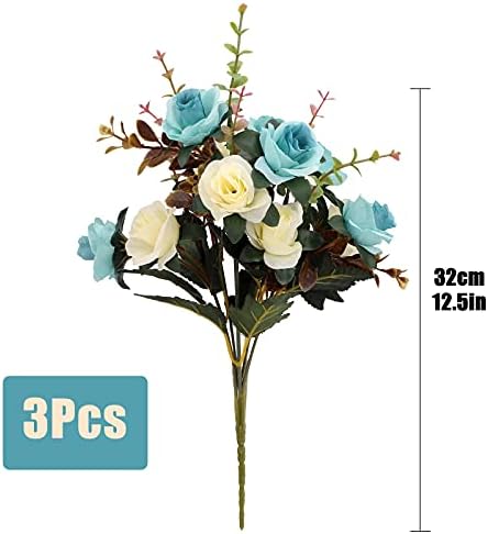 3 Bundles Artificial Flowers Rose Artificial Flowers Outdoor UV Resistant Plants Faux Plastic Greenery Shrubs Indoor Outside Hanging Planter for Home Wedding Office Table Decoration Gift Blue
