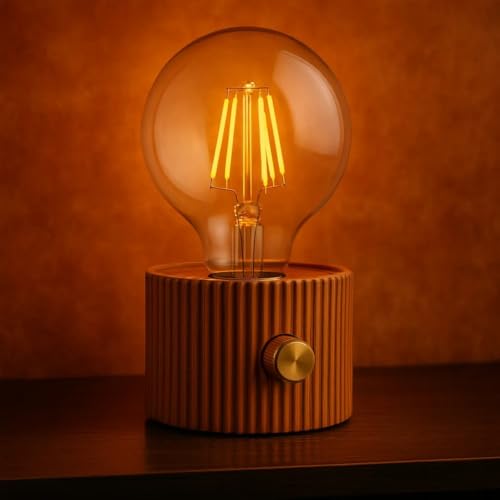 Image of Vintage LED Edison Bulb Table Lamp with Wooden Base & Dimmer | Warm Ambient Light for Home Decor, Diwali Gifts, Christmas Lighting & Bedroom Decoration