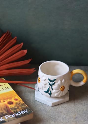 Image of WEAVING HOMES Daisy Bloom Mug 250 ML Handmade Ceramic Mugs Gift to Best Friend Coffee /Tea /Milk /Green Tea /Cold Coffee Mugs /Cup Microwave Safe & Dishwasher Safe (Set of 1)