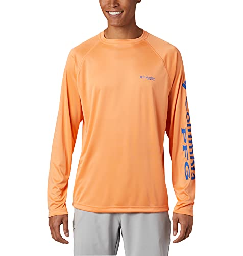 Columbia Men's Standard PFG Terminal Tackle UPF 50 Long Sleeve Fishing Shirt, Bright Nectar/Vivid Blue Logo, X-Large
