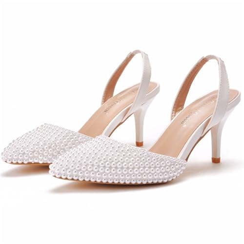 Pearl Slingback Heels for Women, Pointed Closed Toe Slip on Heeled Sandals Satin Stiletto Heel Evening Bridal Shoes for Wedding
