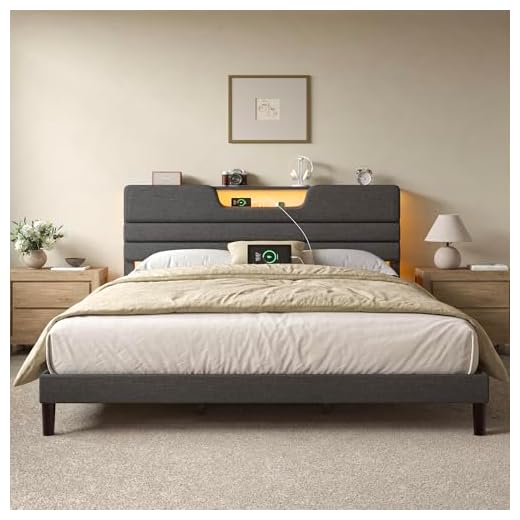 OURPIC King Size Bed Frames with Upholstered Headboard, Modern Platform Bed with Charging Station and Led Lights, Bed Frame with Sturdy Wooden Slats/No Box Spring Needed/2-Tier Storage, Grey