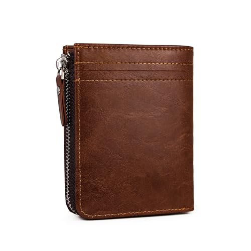 Minimalist Real Leather Wallet for Men with Zipper Card Holder and ID Window RFID Blocking Bifold Wallet (Brown)