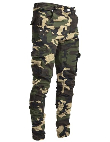 Pantete Cargo Jeans for Men Slim Fit Stretch Straight Leg Pants Skinny Fashion Denim Jeans with Multi Pockets