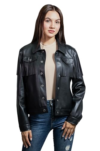Wrangler Women’s Faux Leather Fringe Trucker Jacket Black.