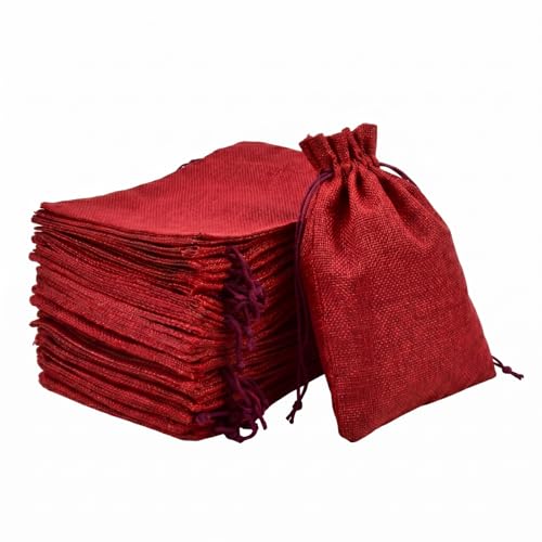 Intckwan 24 Stück Jutebeutel 10x15 cm Klein Jutesäckchen mit Zugband Leinen-Optik Geschenkbeutel für Weihnachten Hochzeit DIY Schmuckaufbewahrung (Weinrot)
