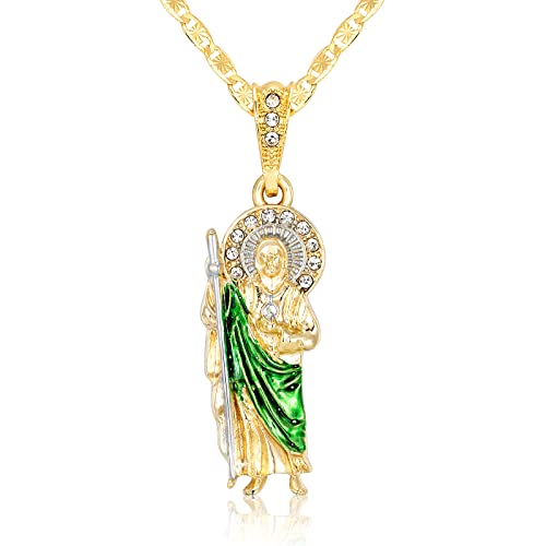 Luxe & Co. Jewelry Saint Jude CZ Necklace 14K Gold Plated San Judas Medalla Cadena Oro Laminado San Judas Necklace (26 Inch Green)