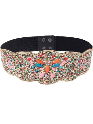 Urieo Bohemian Ethnic Stretchy Beaded Belts Shell Black Wide Elastic Bead Belt Tassel Dress Waist Cinch Belt for Women