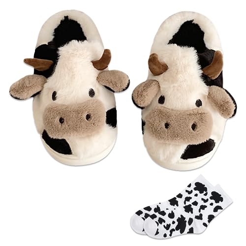 JosuE Cow Slippers With Cow Socks Animal Fuzzy Slippers Non-Skid Winter Warm Cozy For Women Teen Girls Outdoor Slippers