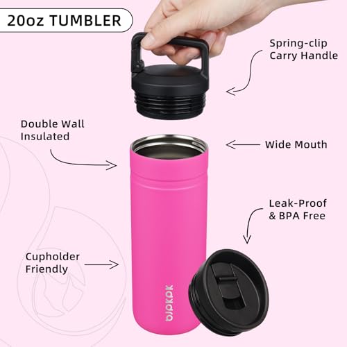 Image of BJPKPK 20 oz Insulated Travel Water Bottle, Coffee Tumbler Stainless Steel | Double Wall Vacuum, Leakproof, Thermal, Keeps Hot /Cold, Dishwasher Safe, Spill Proof, Wide Mouth, 2 Lids, Barbie Pink