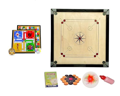 Image of WRF Superior Matte Finish Practice Carrom Board for Serious Professional Practice with Coins Striker and Powder Black New(32inch Carrom with Ludo L-04)