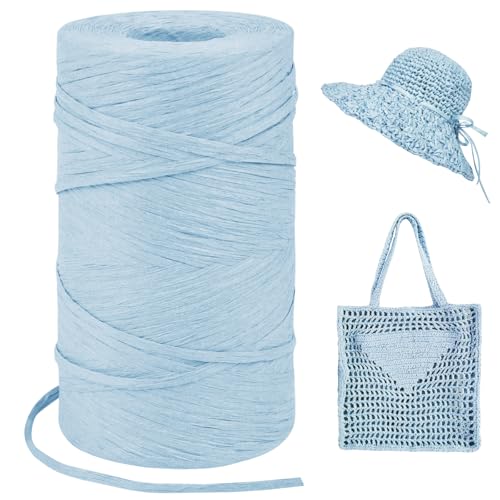 LEREATI Hilo de Rafia para Tejer Crochet 3mm x 300m Rafia Tejer Natural, Cinta de Rafia para Tejer Crochet Bolsos, Capazos, Sombreros, Envolver Regalos (Azul Claro)