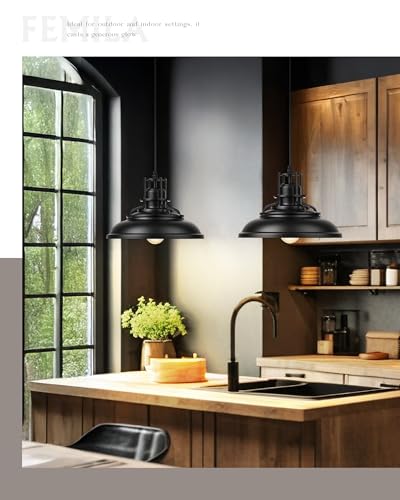 Image of FEMILA Black & Gold Pendant Lights for Kitchen Island, 12 inch Farmhouse Pendant Light Fixture, Adjustable Hanging Barn Lights Outdoor for Dining Room, Entryway, 4FY15-MP BK-1