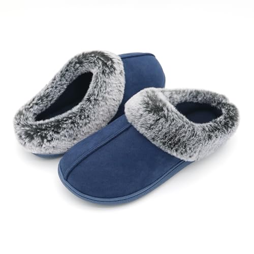 Boonble Memory Foam Home Slippers for Women, Fluffy Fuzzy Plush Womens House Shoes for Indoor Outdoor Bedroom, Cute Comfy Microsuede Scuff for Ladies Navy 6