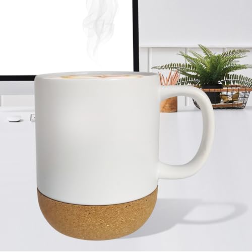 Generic White Coffee Mugs 13 oz Nice Coffee Cups with Handles, Unique Modern Ceramic Cork Bottom Coaster Cup, Medium