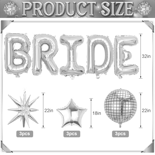 Image of Silver Bride Balloons Bachelorette Party Decorations, 32in Silver Giant Bride Balloons with 4D Disco Ball Balloon and Star Foil Balloon for Bridal Shower Wedding Engagement Party Supplies