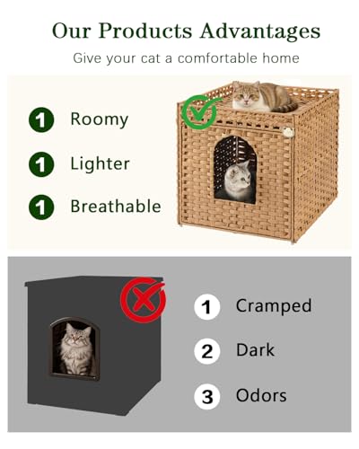 Image of SETVSON Cat Litter Box Enclosure Furniture, Large PE Rattan Cabinet,Natural | Large PE Rattan Kitty House fits Large Litter Boxes, Included Litter Mat, 2 S-Hooks, Metal Frame, 21.6x26x21.6 In Cat Cabinet