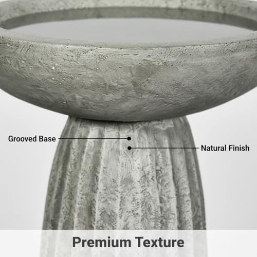 Image of SunJet Modern Bird Bath, 24.4inches Height Fibre-Reinforced Concrete Birdbath with Textured Pedestal for Outdoor Garden, Yard, Lawn Decor