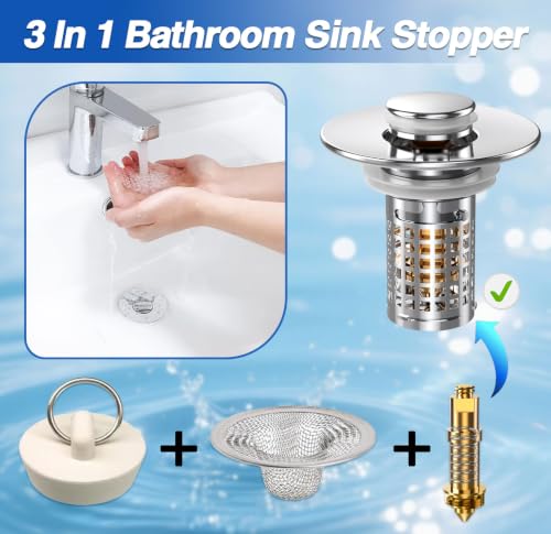 Image of Bathroom Sink Stopper, Pop-up Sink Drain Strainer with Removable Stainless Steel Strainer Basket Hair Catcher, Bathroom Sink Strainer for Bathroom Sink Stopper (2PCS)