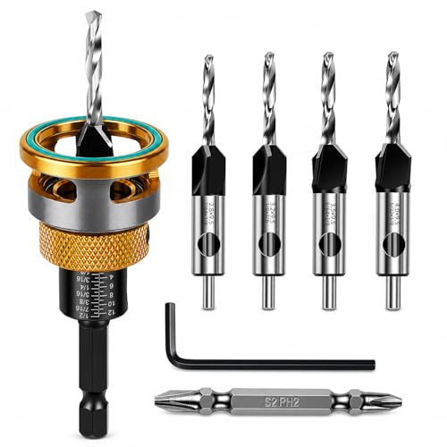 Countersink Drill Bit Set with Depth Stop 4PCS, HCS Four Blades Countersink Bits with Adjustable Depth Stop and L Shape Wrench, Wood Countersink Bit Set for Wood, Plastic, Woodworking