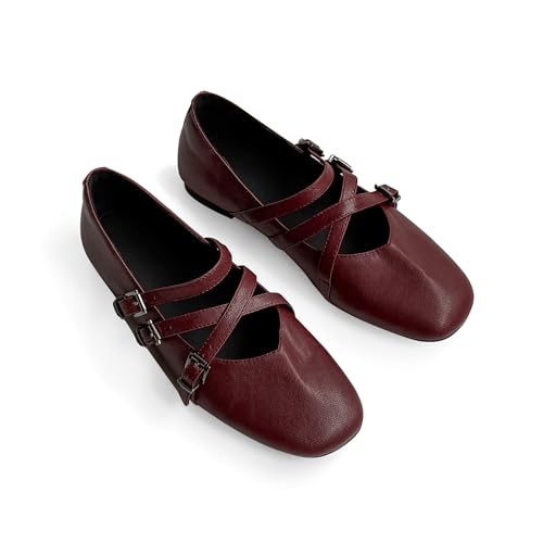 Ballet Flat Shoes for Women Mary Jane Square Closed Toe Adjustable Three Buckle Straps Low Chunky Heel Comfortable Casuals Flat Shoes